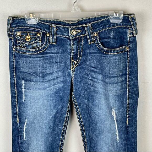 True Religion DISCO Joey Big T 30 Gold Stitching Crystal Button Flare Leg Jeans - Picture 7 of 8